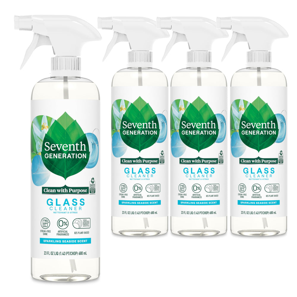 Seventh Generation glass cleaner bottle with seaside scent offering a streak-free shine.