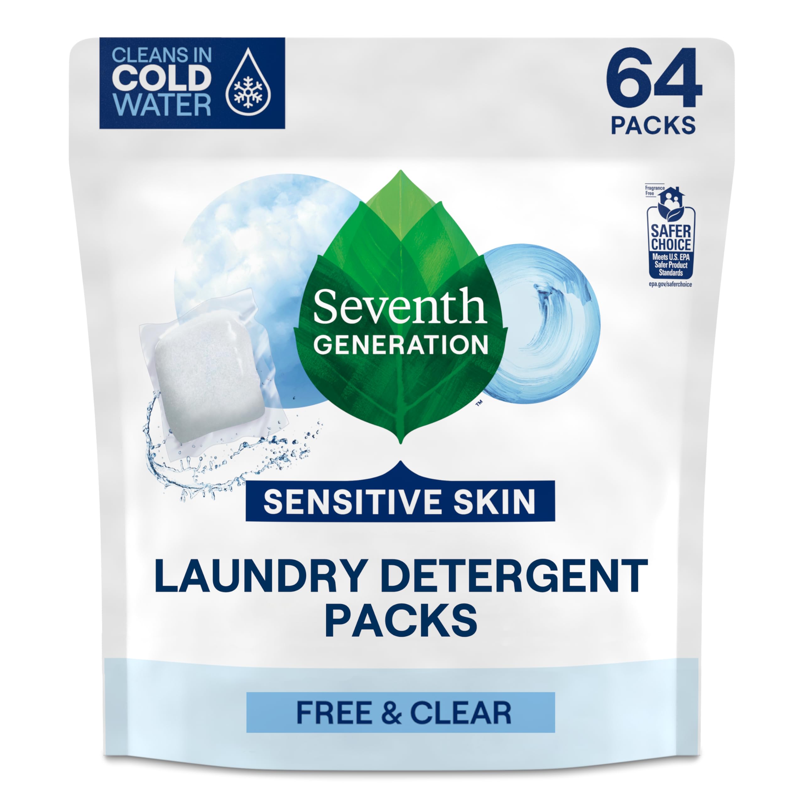 Seventh Generation Free and Clear laundry packs front view, fragrance-free formula for sensitive skin.