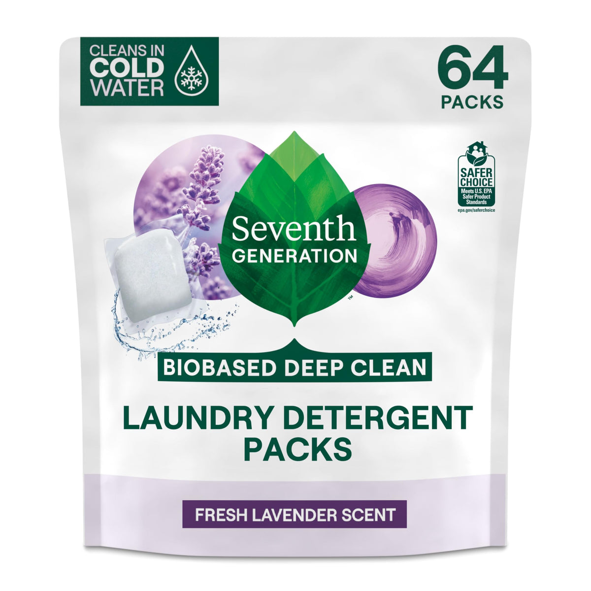Seventh Generation Lavender Laundry Pack dissolving in water for easy loads.