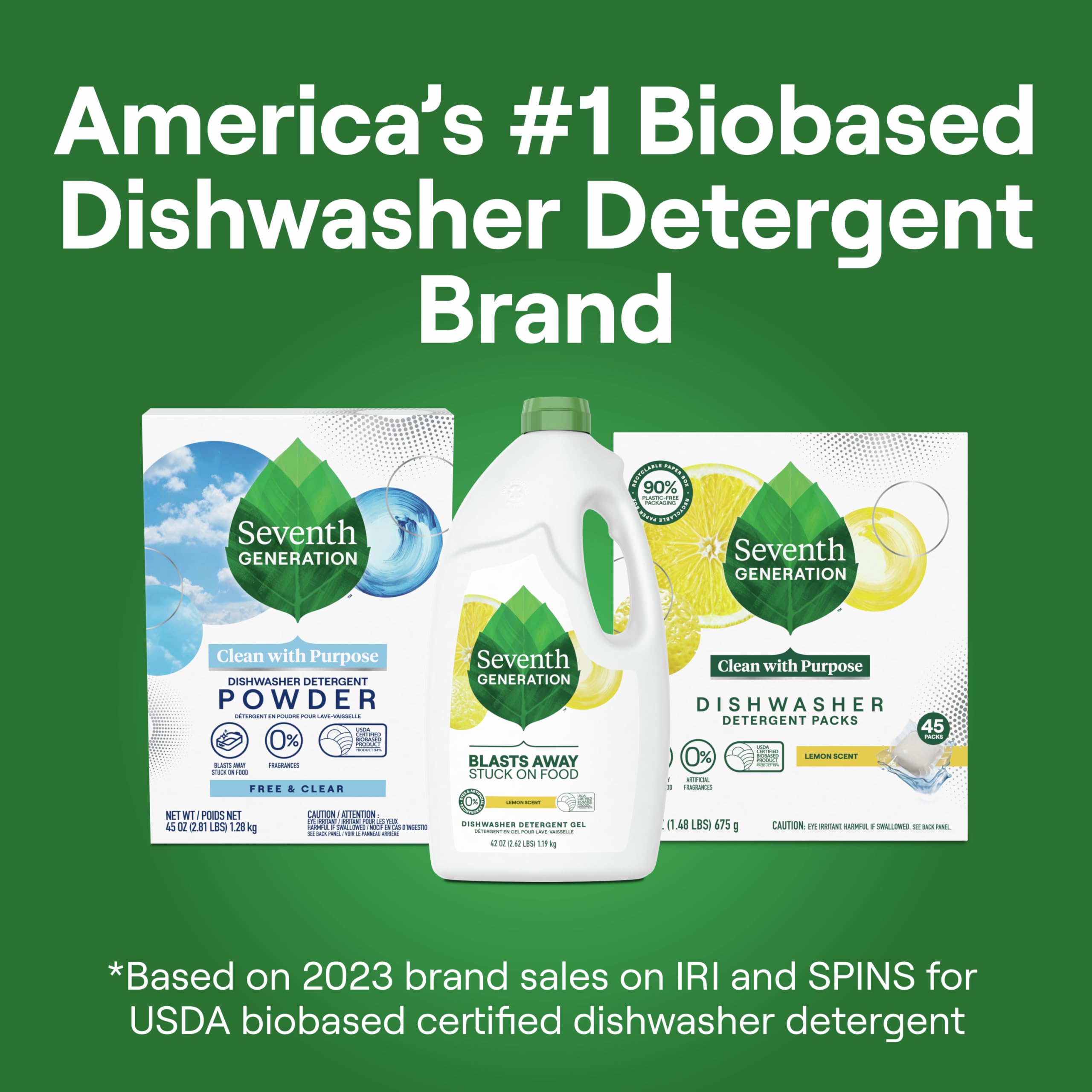 Label on Seventh Generation Lemon dishwasher gel highlights eco-friendly plant-based formula.