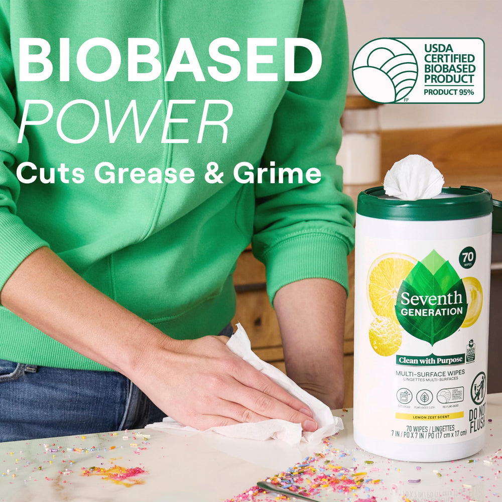Seventh Generation wipes lemon zest ingredients image emphasizing essential oils and botanical formula
