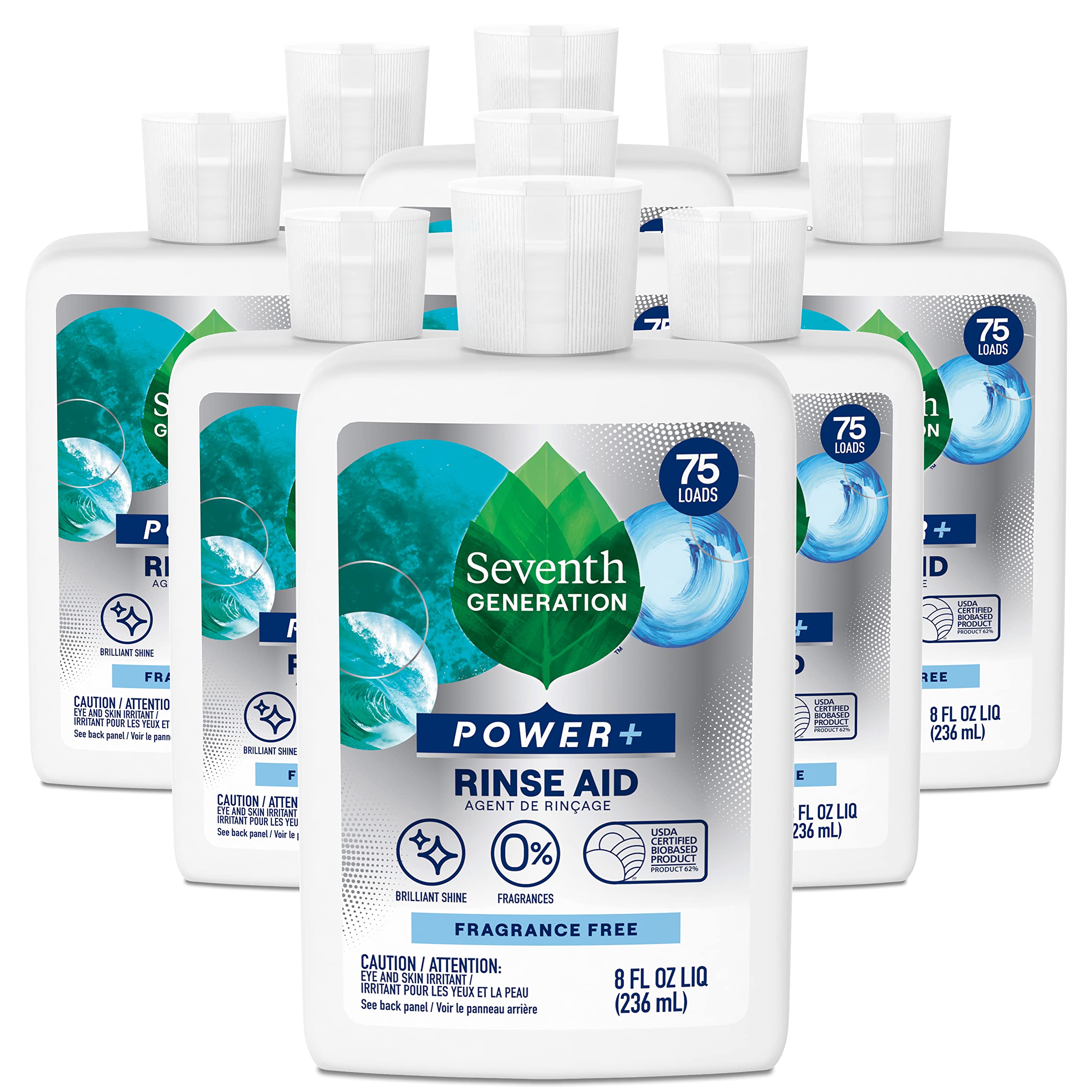 Seventh Generation Power+ rinse aid bottle pouring for streak-free dishes
