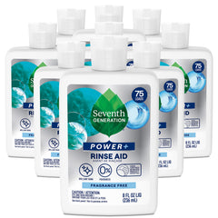 Seventh Generation Power+ rinse aid bottle pouring for streak-free dishes
