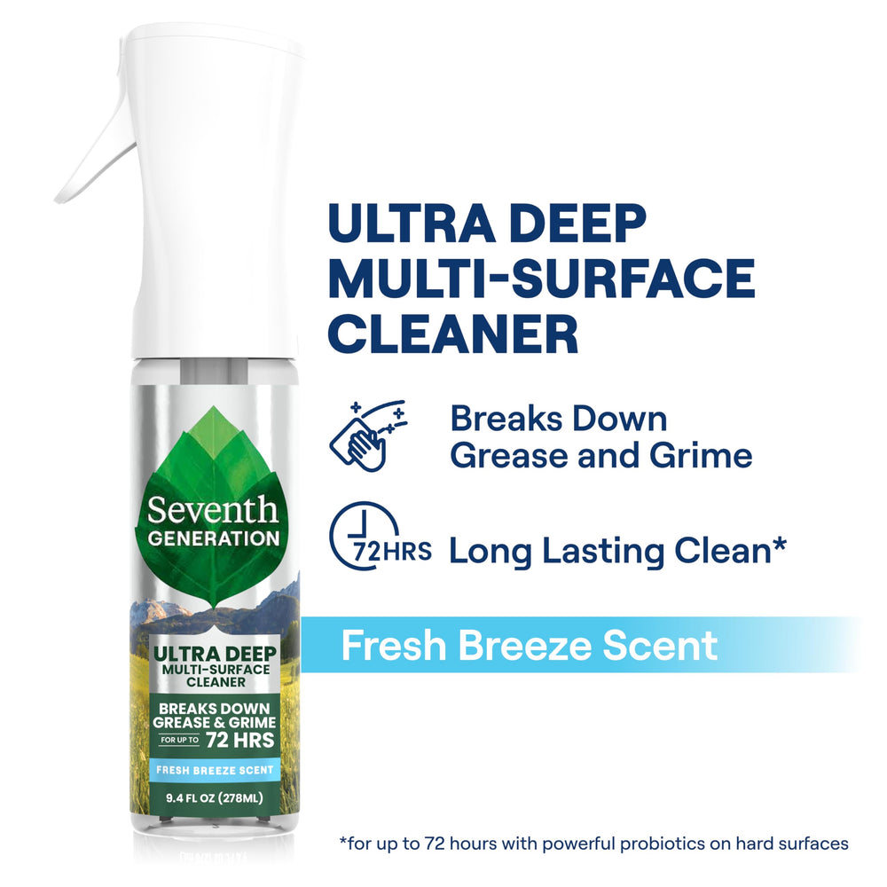 Seventh Generation Ultra Deep Cleaner spray mist covering a countertop for easy cleansing