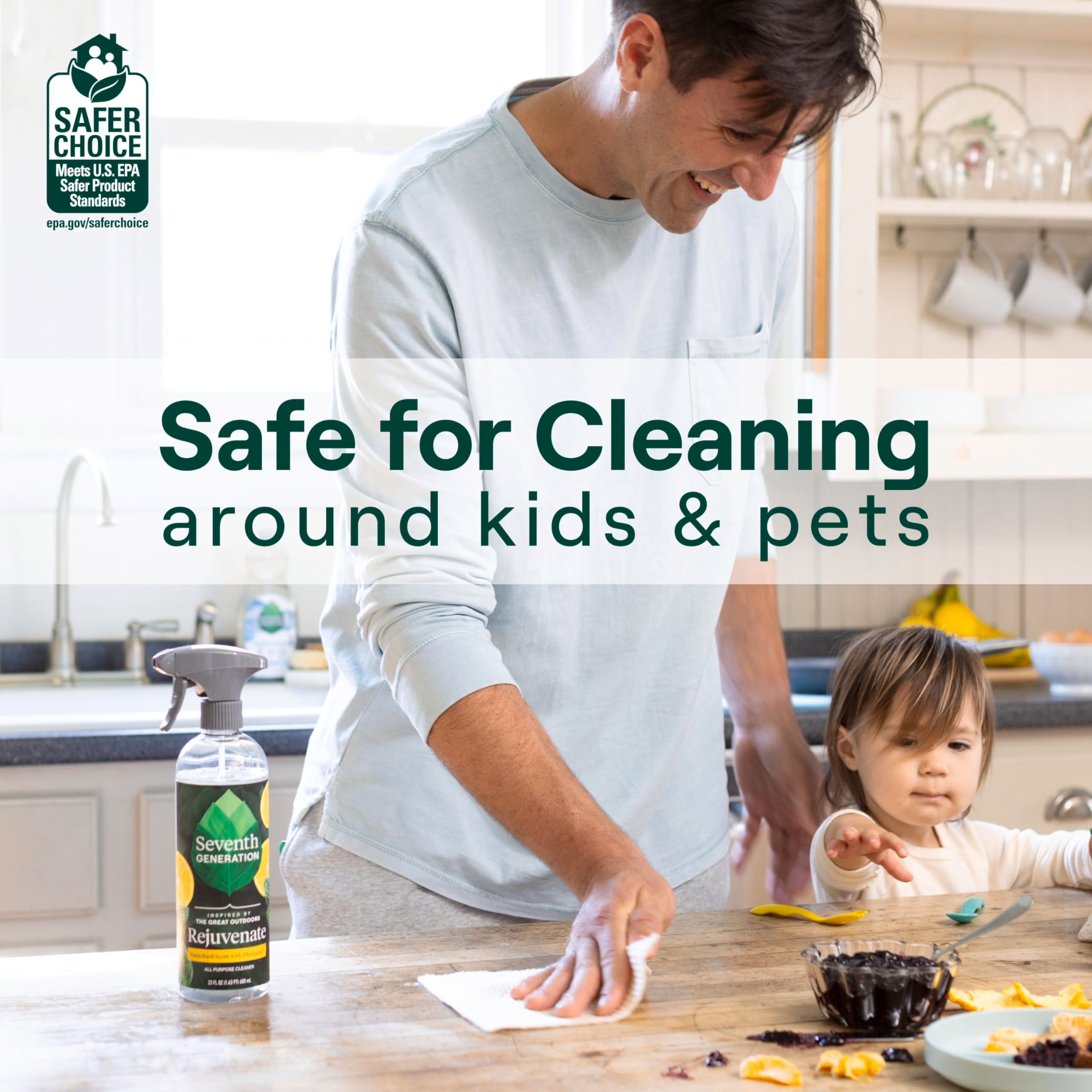 Seventh Generation cleaner grease-removal action on kitchen surface.