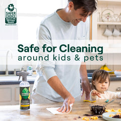 Seventh Generation cleaner grease-removal action on kitchen surface.