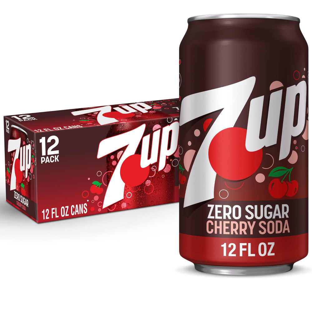 7UP Cherry Zero Sugar can front view highlights crisp lemon-lime cherry flavor