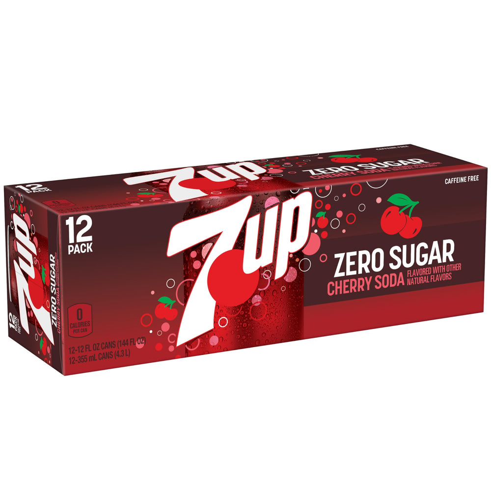 Close-up of the 7UP Cherry Zero Sugar label highlighting branding and cherry twist