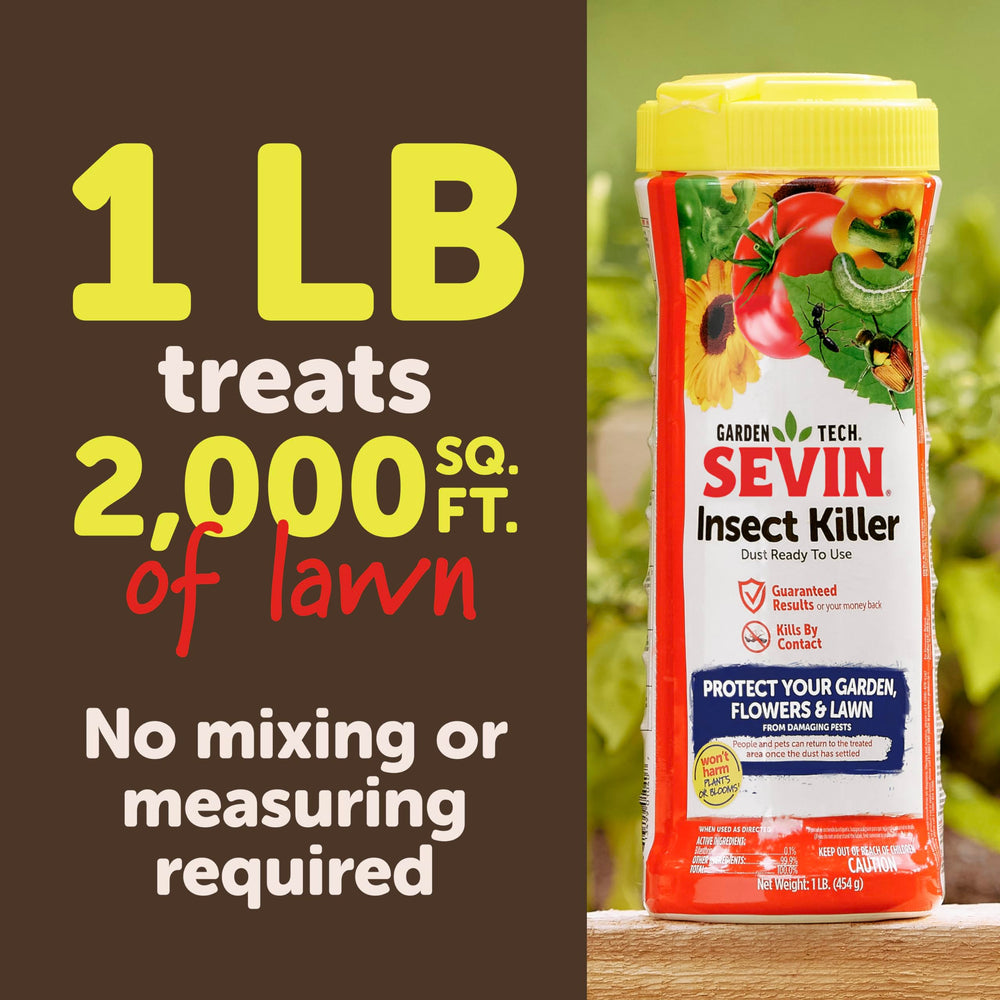 Sevin Insect Killer Dust bottle label showing area-specific application rates