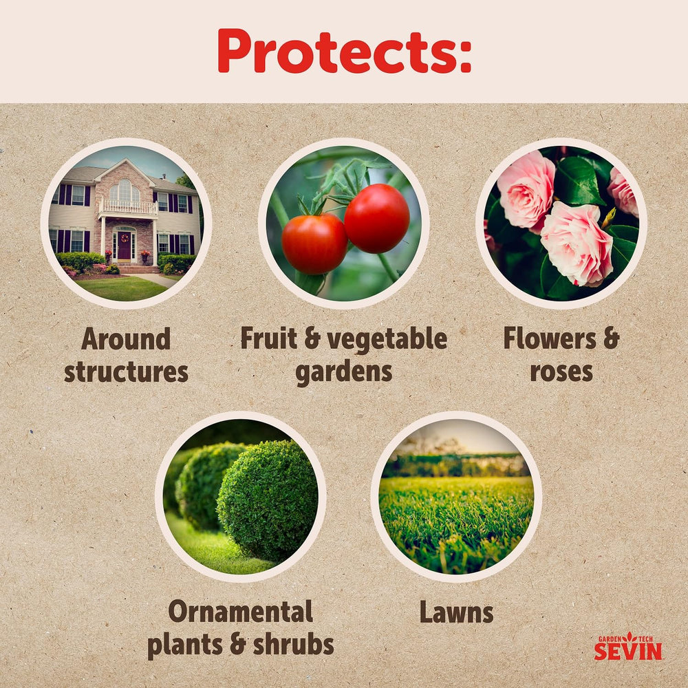 Sevin protects roses and edibles in a sunny garden