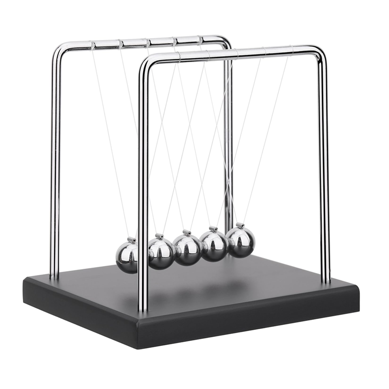 SEVNPRIME 5-bead Newton's cradle on a black base demonstrates momentum transfer on a desk.