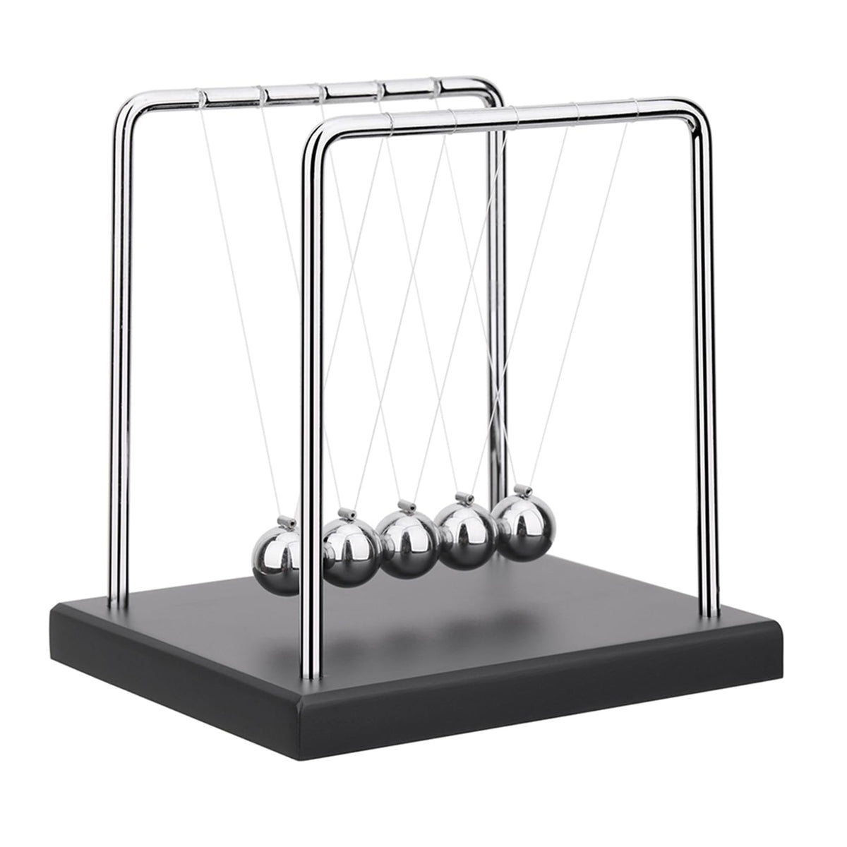 SEVNPRIME 5-bead Newton's cradle on a black base demonstrates momentum transfer on a desk.