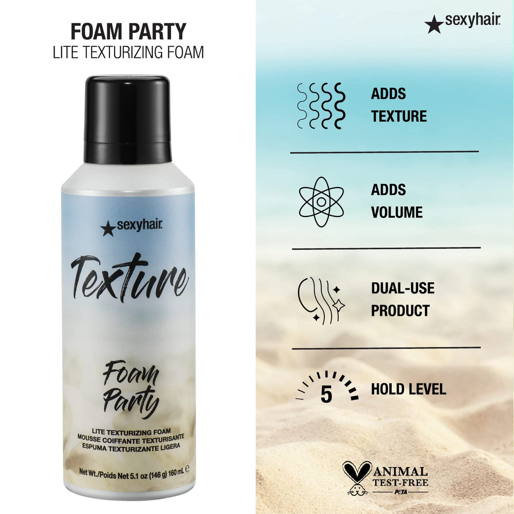 SexyHair Texture Foam Party Lite applied to damp hair for soft texture.