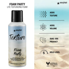 SexyHair Texture Foam Party Lite applied to damp hair for soft texture.