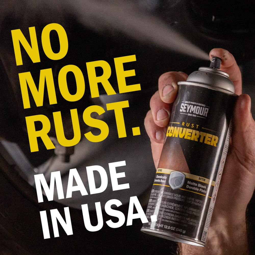 Seymour 16-45 rust converter in use brush application on rust, forming a black protective coating.