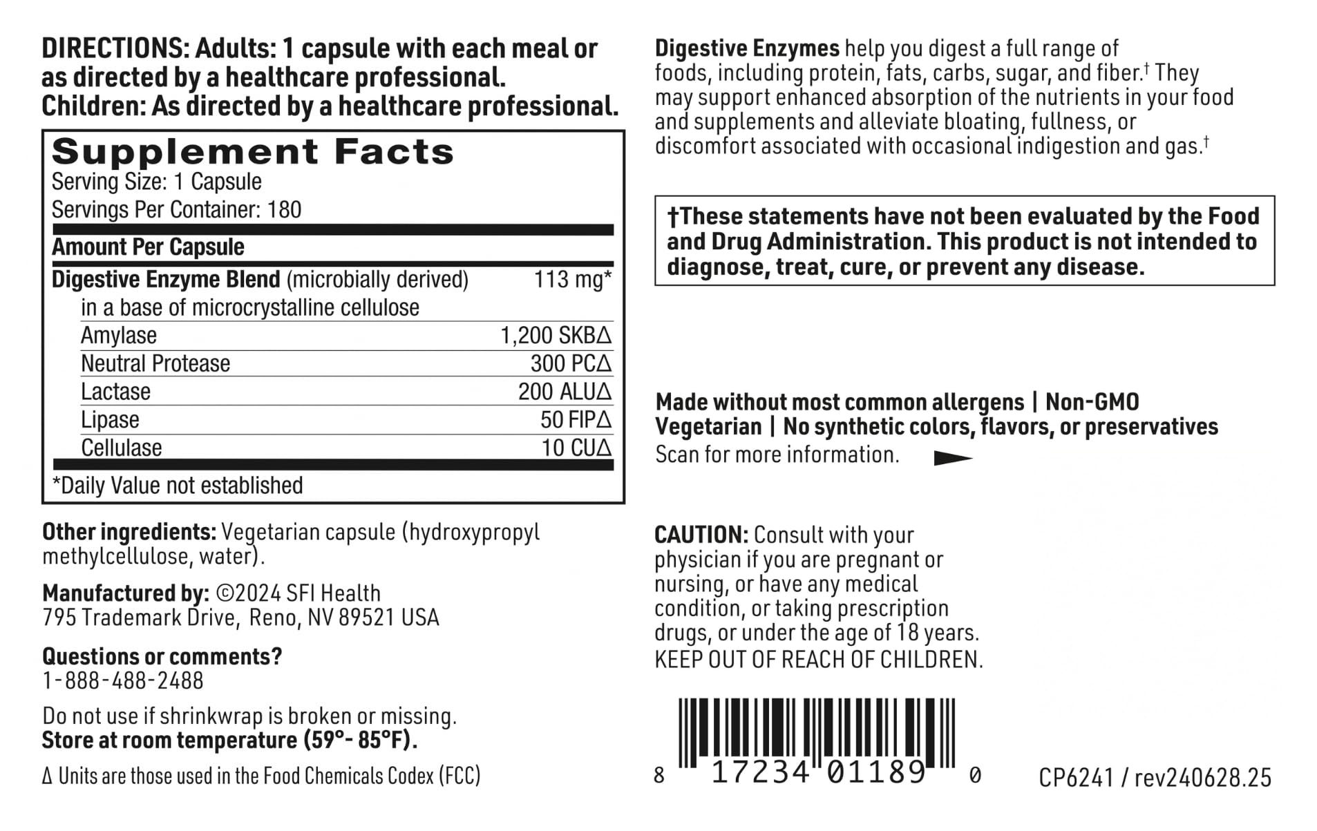 SFI Health Klaire Labs Digestive Enzymes packaging box communicating digestive comfort benefits