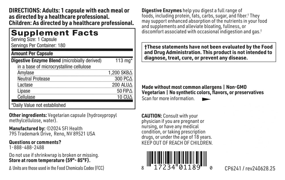 SFI Health Klaire Labs Digestive Enzymes packaging box communicating digestive comfort benefits
