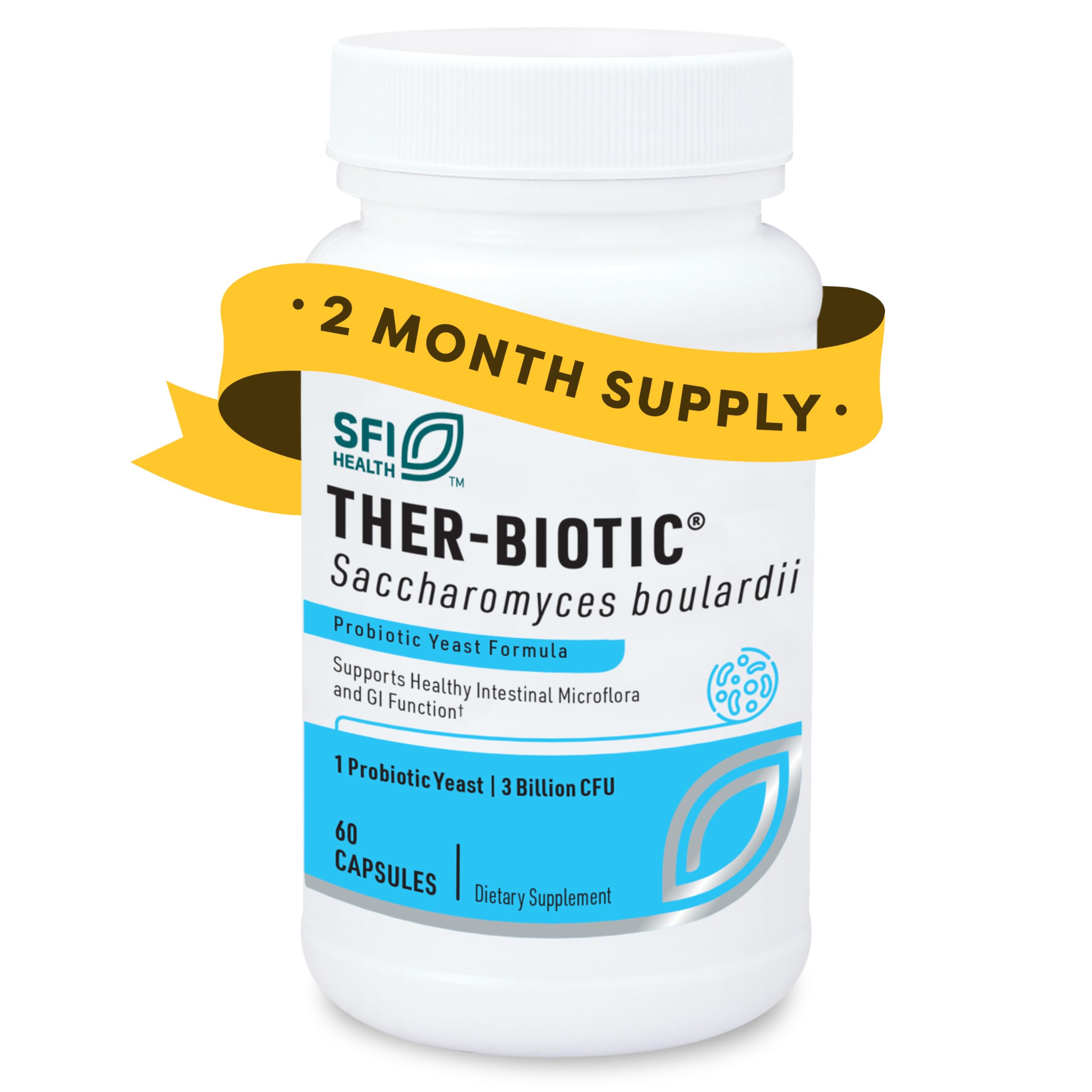 SFI Health Klaire Labs Saccharomyces boulardii bottle front supports digestive balance.