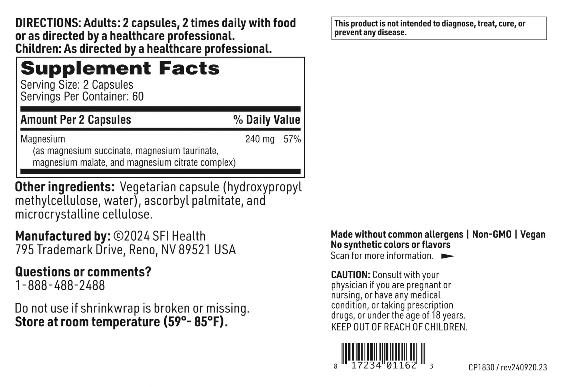 Ingredients panel highlights succinate, taurinate, malate, and citrate.