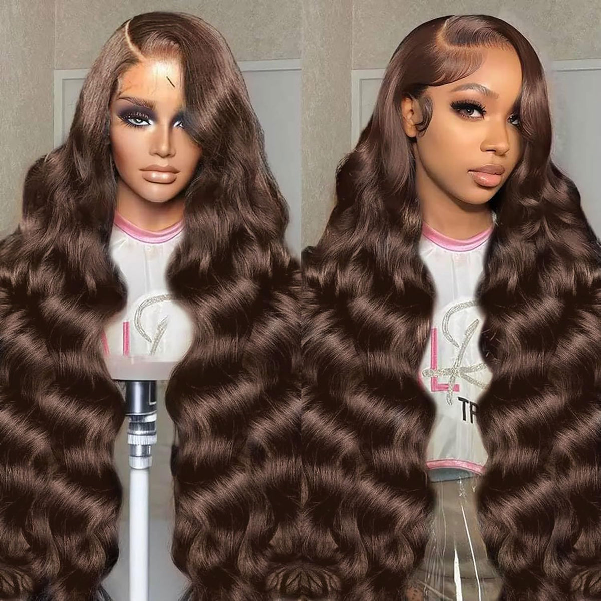 SFTNMEH 30 inch chocolate brown lace front wig with natural hairline and fullness.