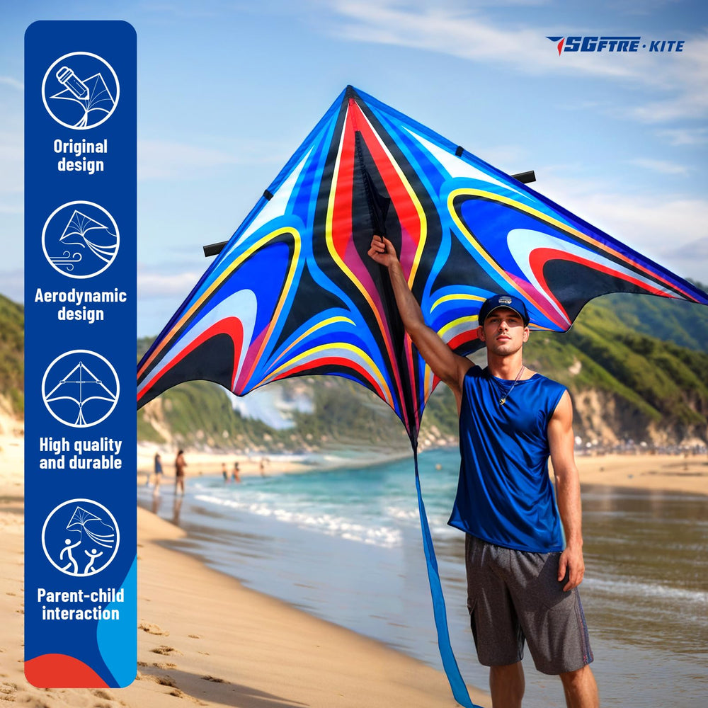 SGftre Delta Kite on a beach, smooth lift for family fun in the wind.