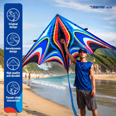 SGftre Delta Kite on a beach, smooth lift for family fun in the wind.