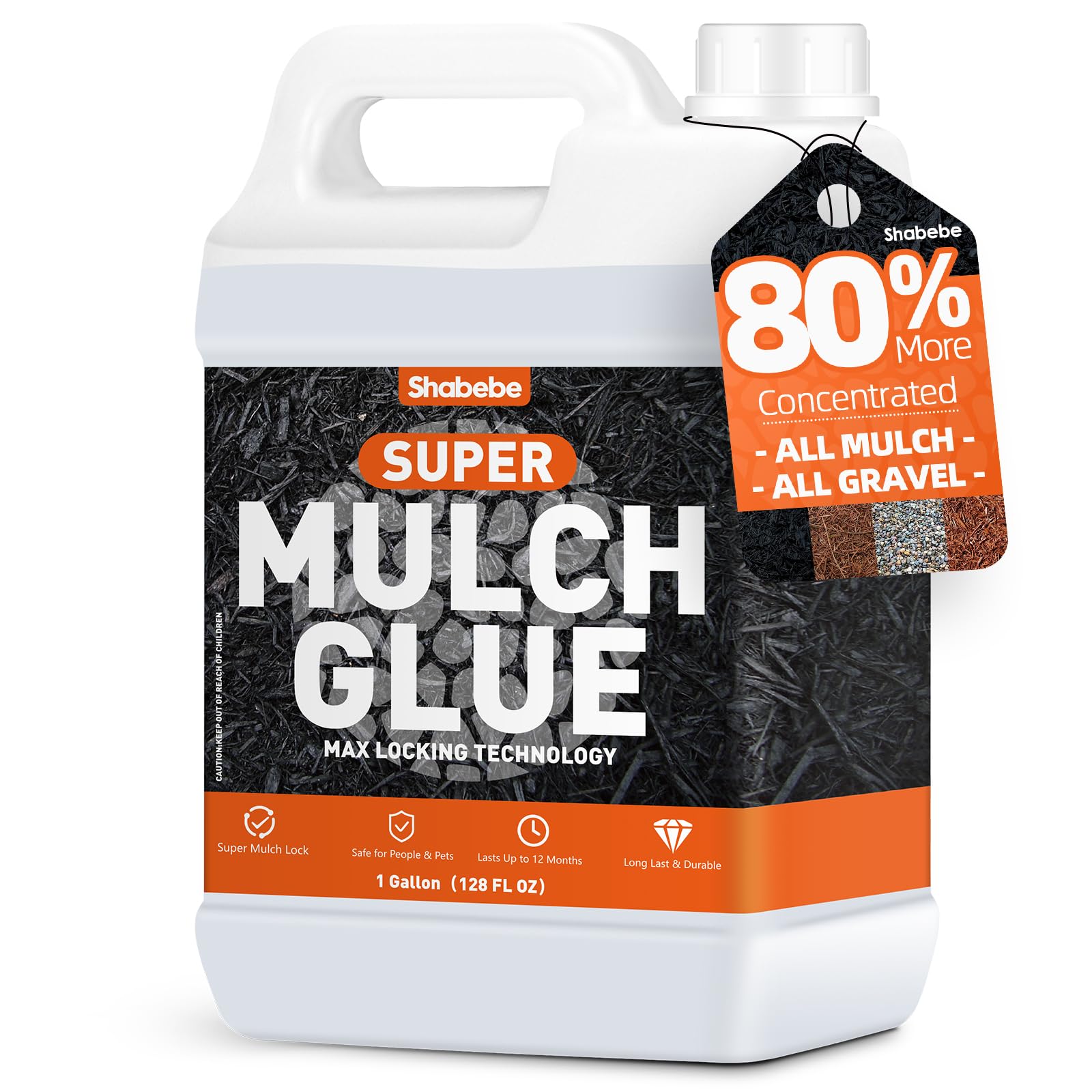 Shabebe Mulch Glue 1gal bottle secures mulch for tidy beds.