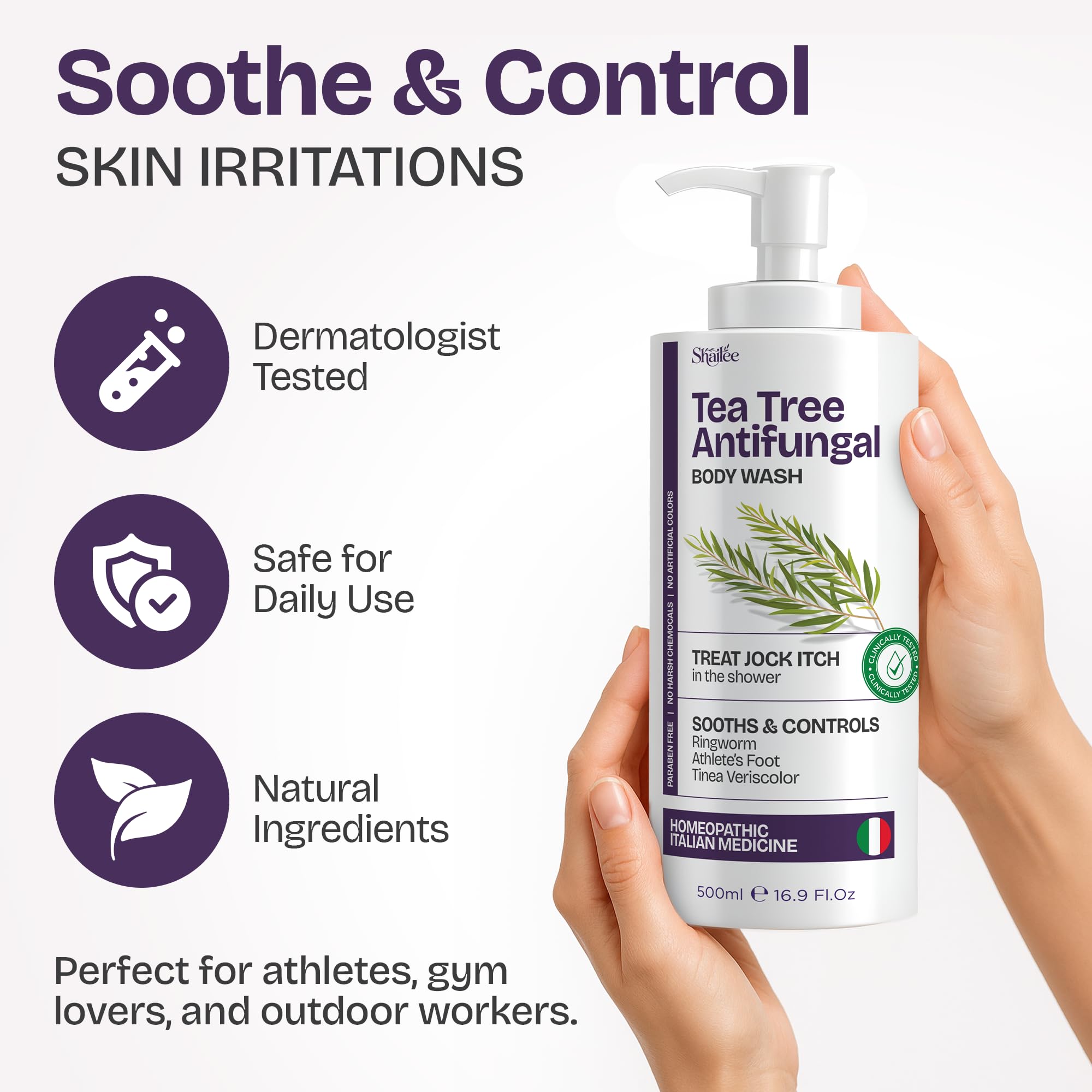 Shailee antifungal tea tree wash ingredients list close-up.