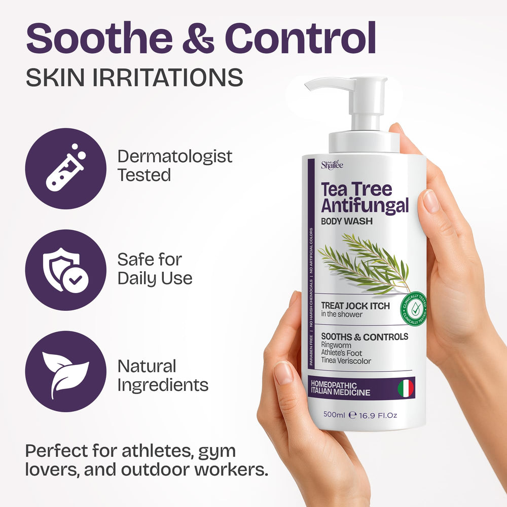 Shailee antifungal tea tree wash ingredients list close-up.