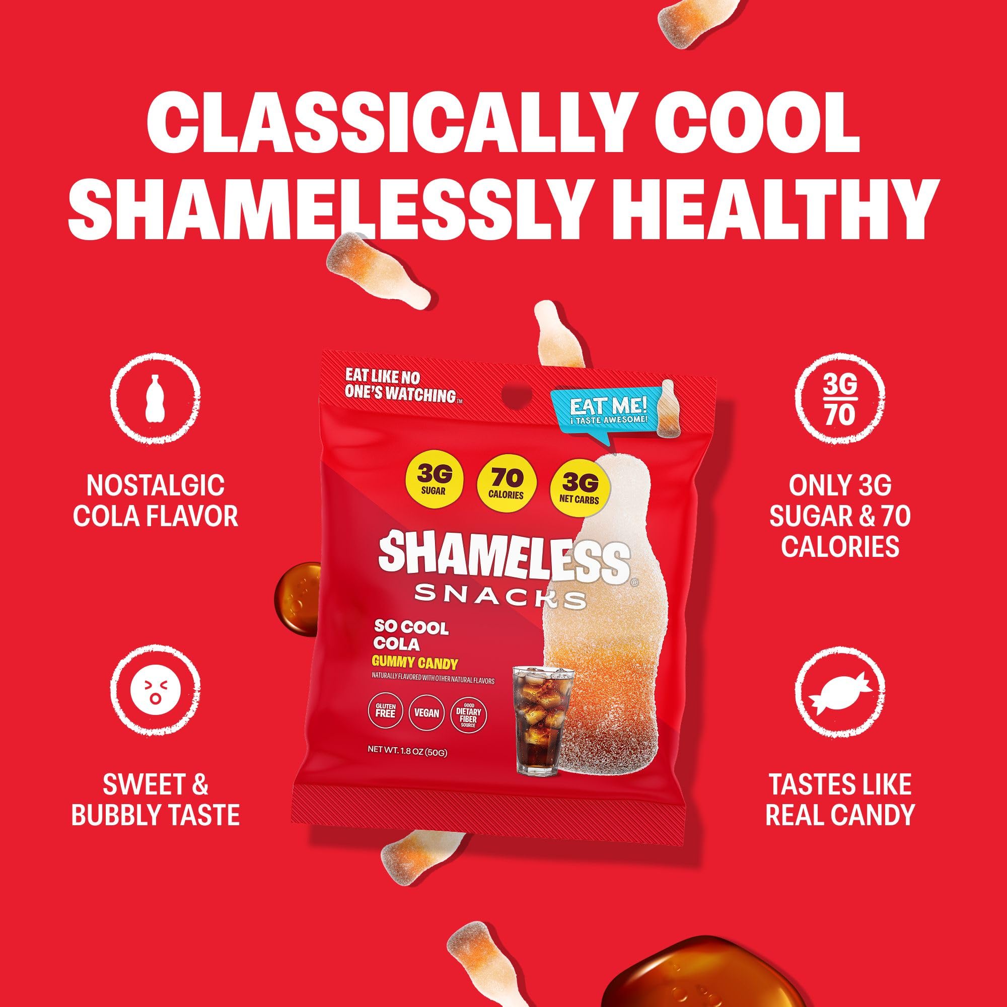 Shameless So Cool Cola Gummy close-up texture, soft and chewy with natural ingredients.
