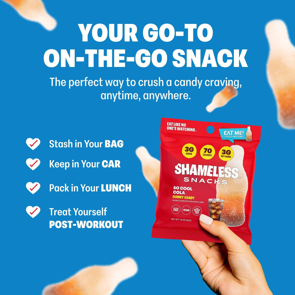 Shameless So Cool Cola Gummy nutrition panel close-up, 3g sugar and 80 calories per bag.