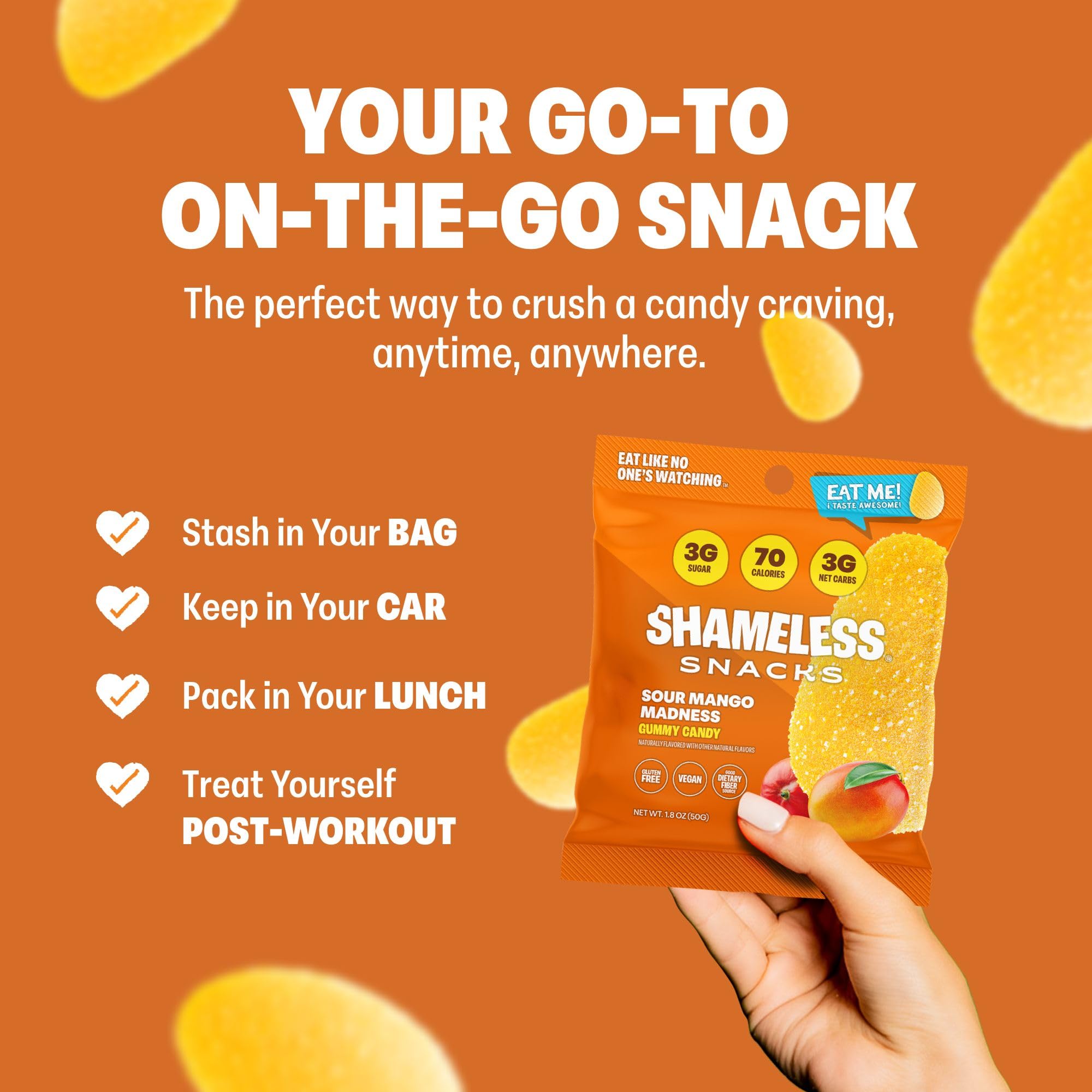 Shameless Sour Mango Madness bite-sized candies in hand.