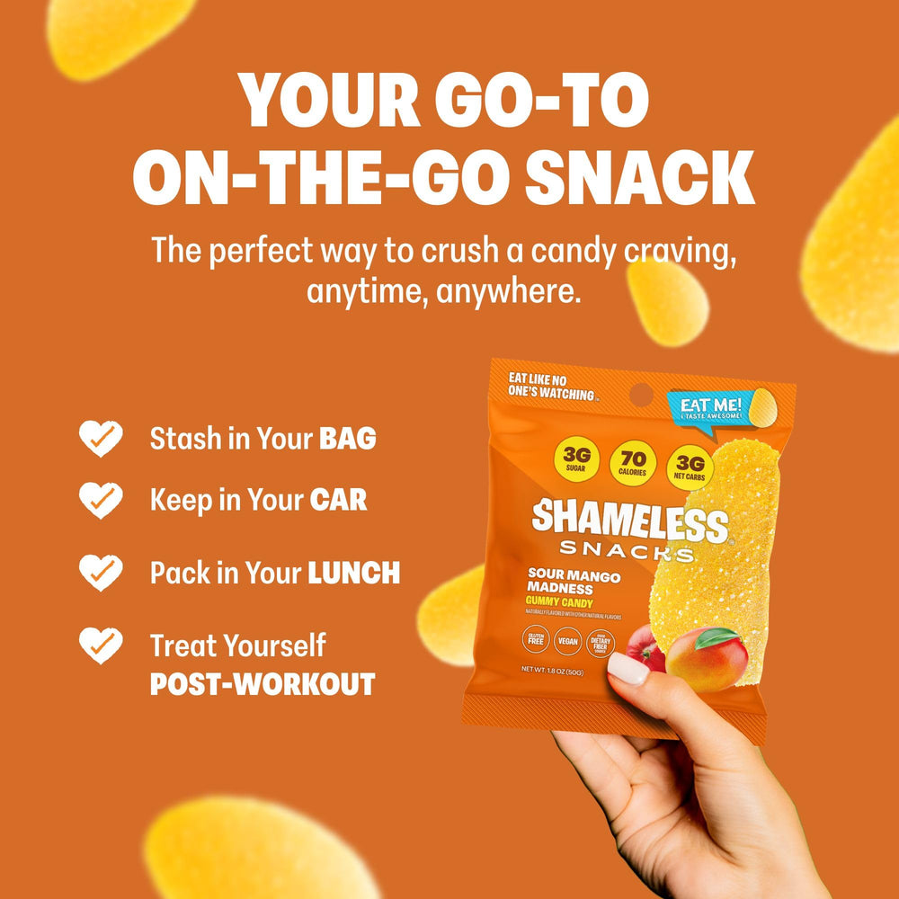 Shameless Sour Mango Madness bite-sized candies in hand.