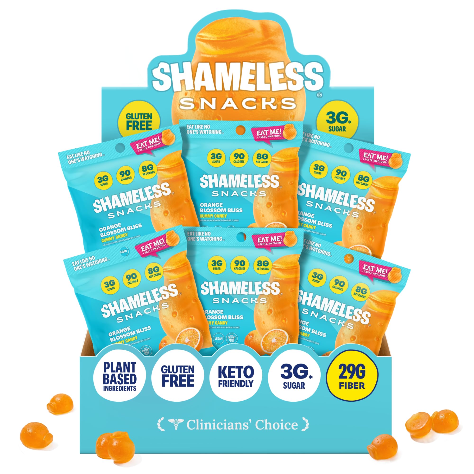 Shameless Orange Blossom gummy pack, a keto-friendly, low-sugar treat for on-the-go.