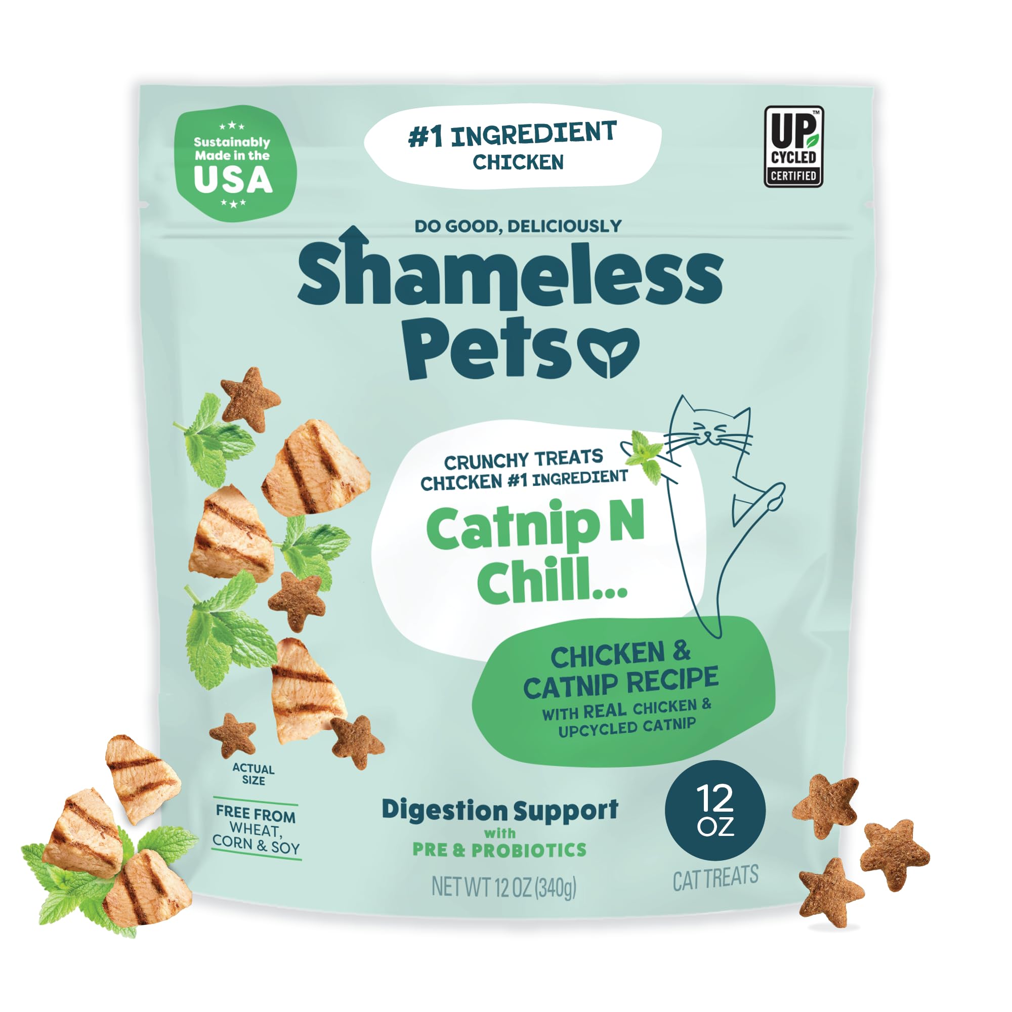 Shameless Pets Catnip N Chill bag view with real chicken and catnip aroma