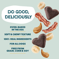 Shameless Pets grain-free dog treat label highlighting no corn or soy.