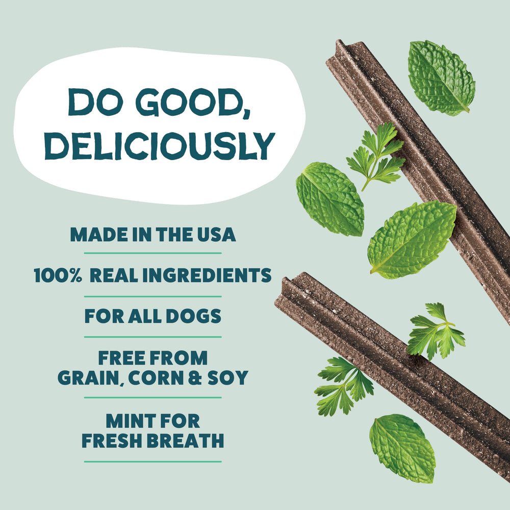 Shameless Pets Triple Mint Dental Chews blueberry-mint core for natural flavor.