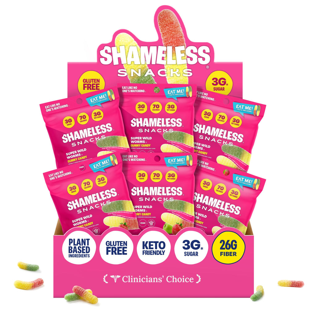 Shameless Wild Worms bag close-up, keto-friendly, low-calorie snack.