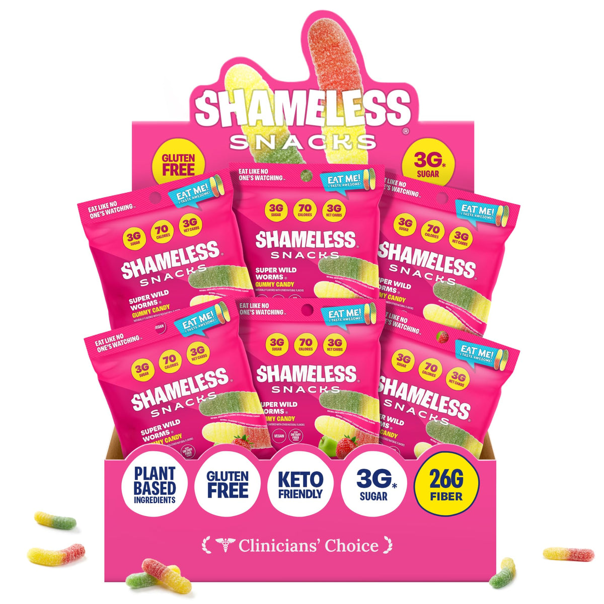 Shameless Wild Worms bag close-up, keto-friendly, low-calorie snack.