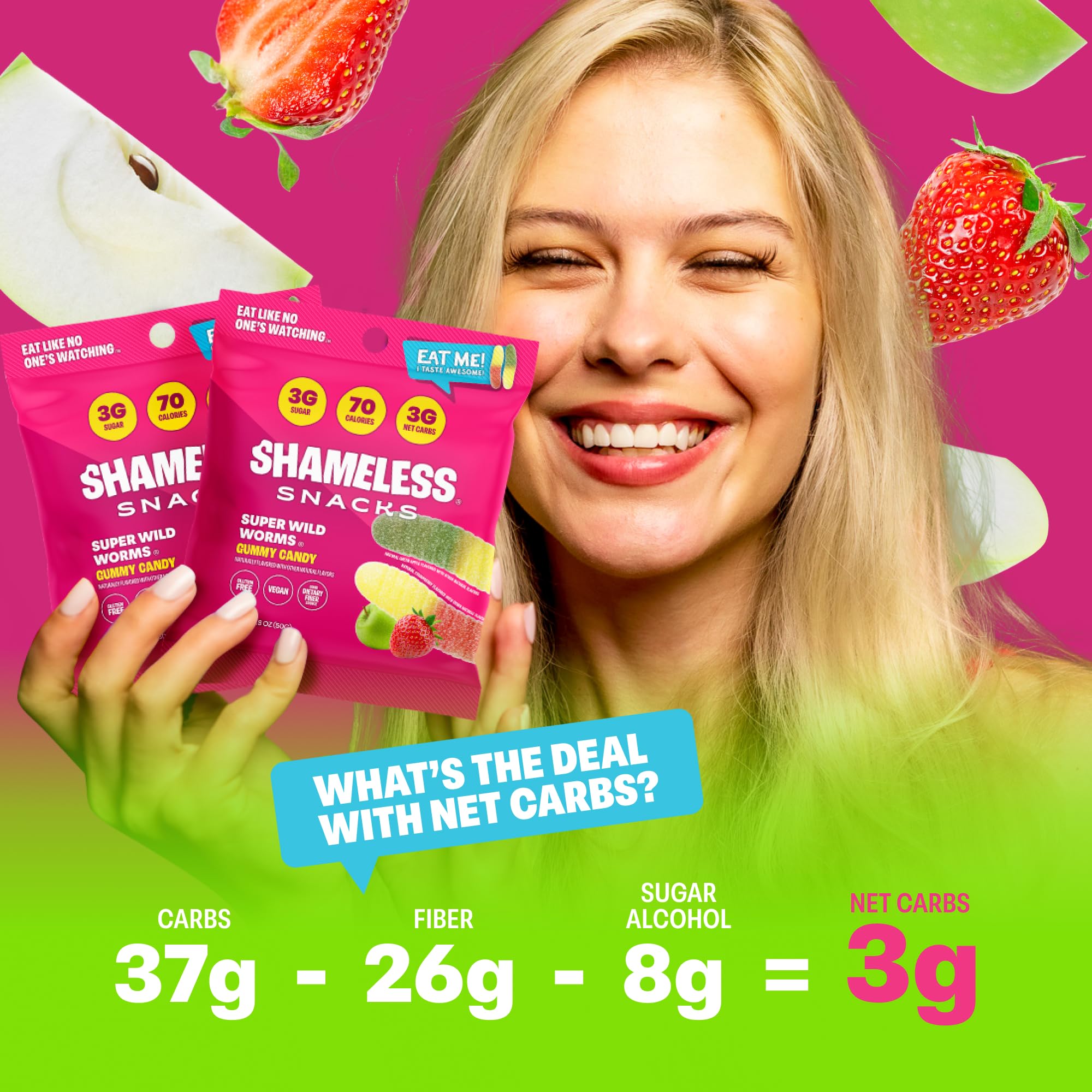 Shameless Wild Worms gummies in hand, portion-controlled bite.