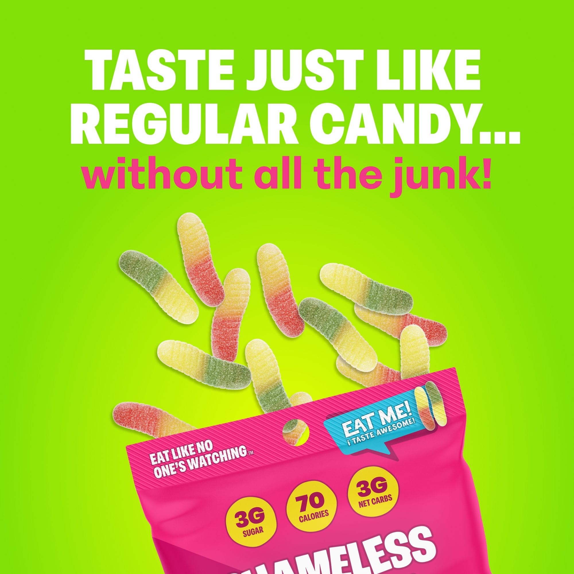 Shameless Wild Worms gummy close-up, bold sour flavor.