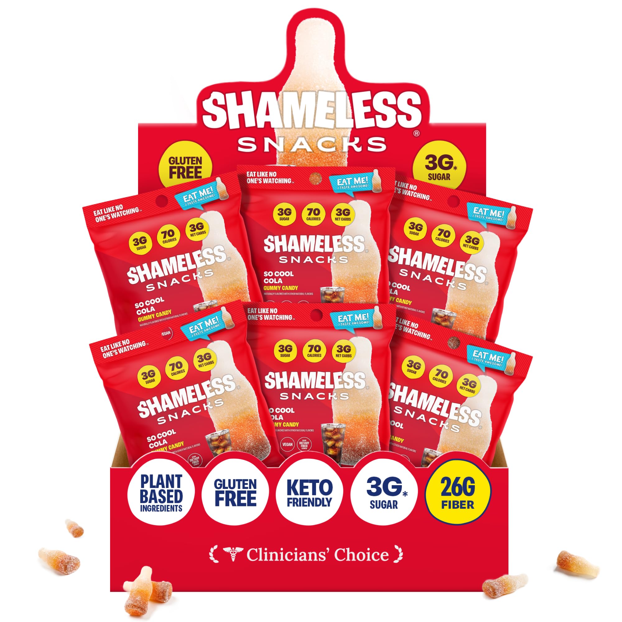 Shameless So Cool Cola Gummy bottle shows classic flavor with low sugar and vegan options.