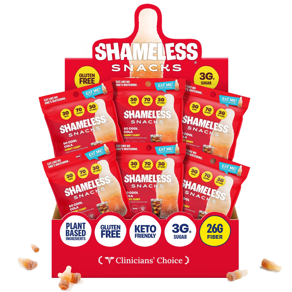 Shameless So Cool Cola Gummy bottle shows classic flavor with low sugar and vegan options.