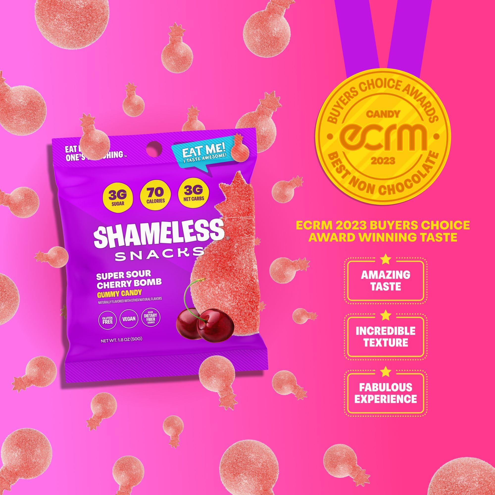 Shameless Sour Cherry Bomb gummies plated for sharing