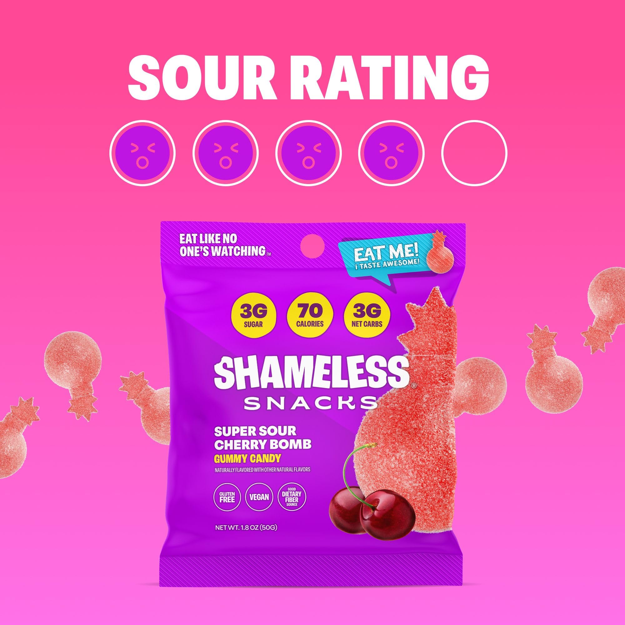 Shameless Sour Cherry Bomb ingredient panel showing 3g net carbs