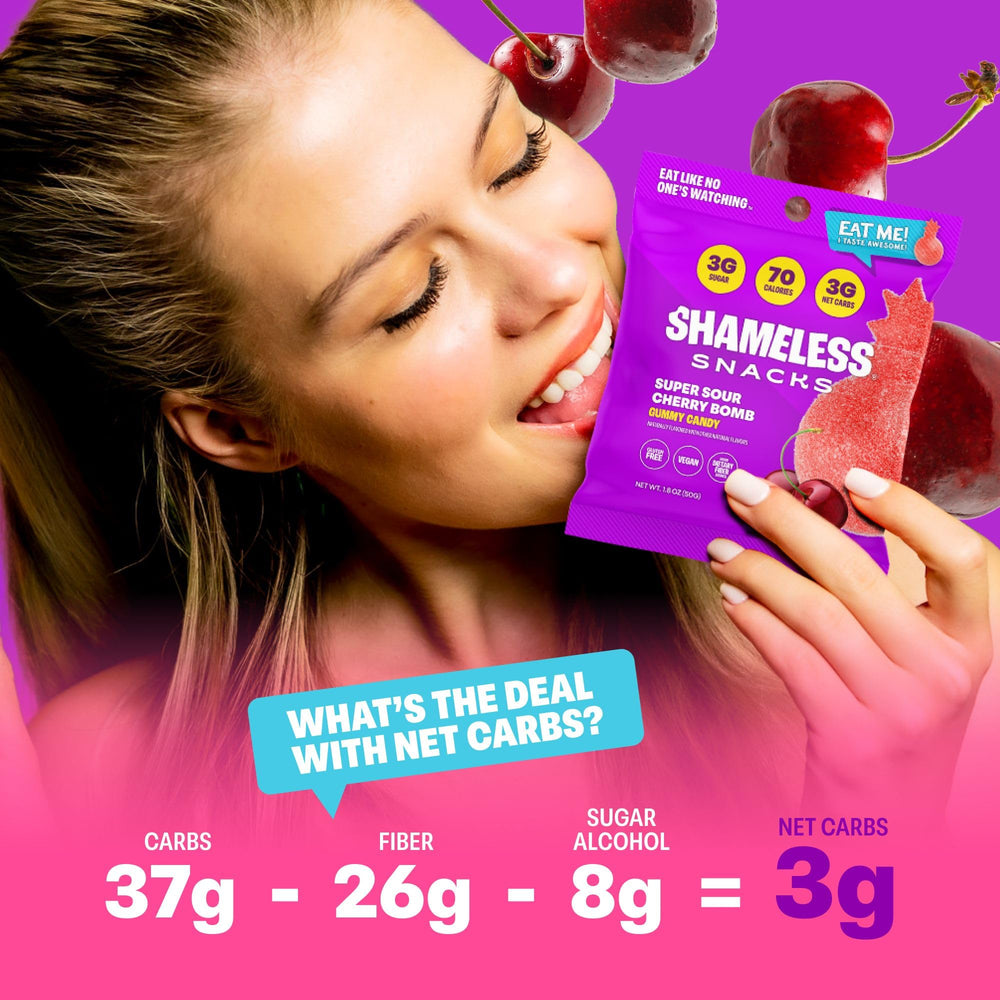 Shameless Sour Cherry Bomb keto-friendly badge on bag