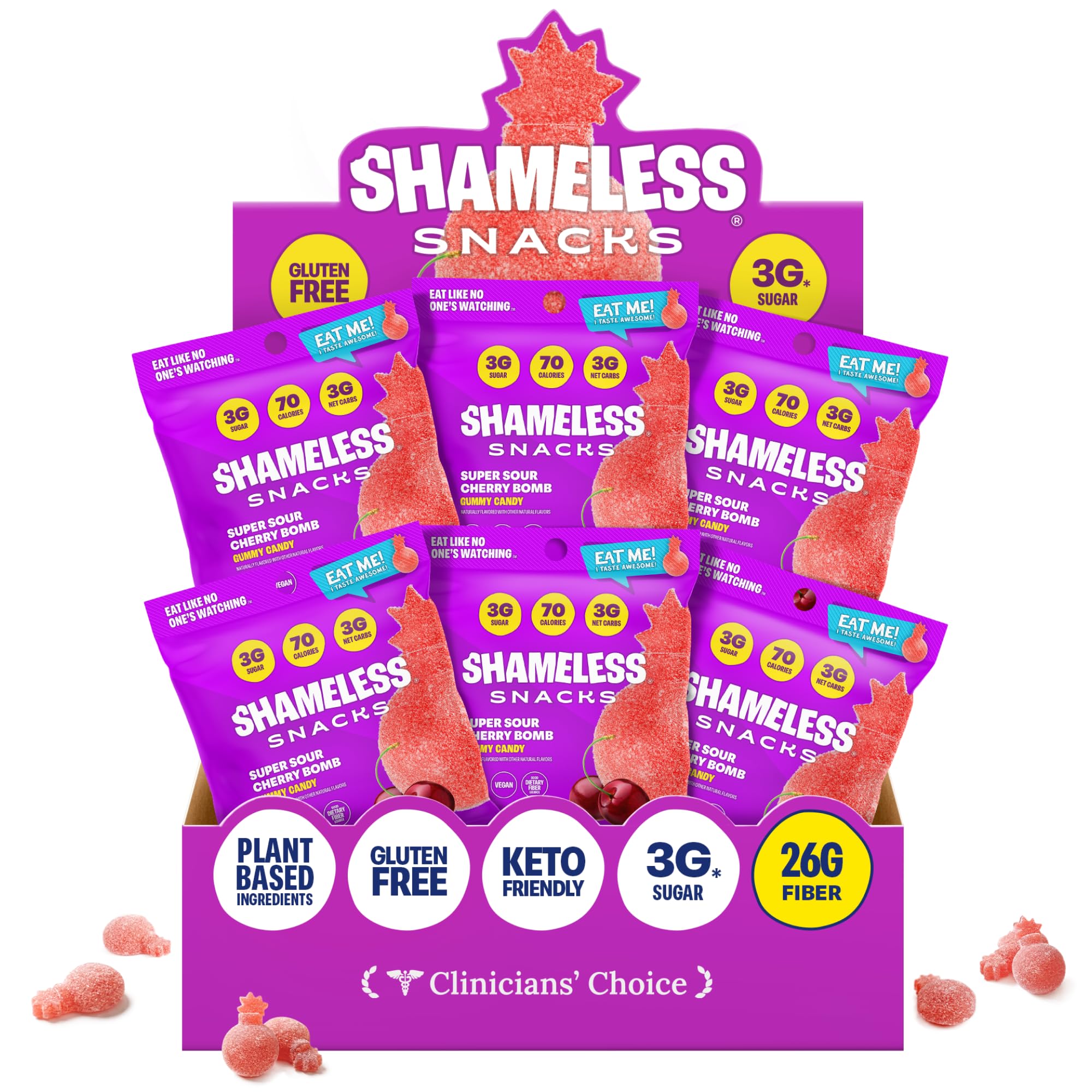 Shameless Sour Cherry Bomb pack front showing a low-calorie snack