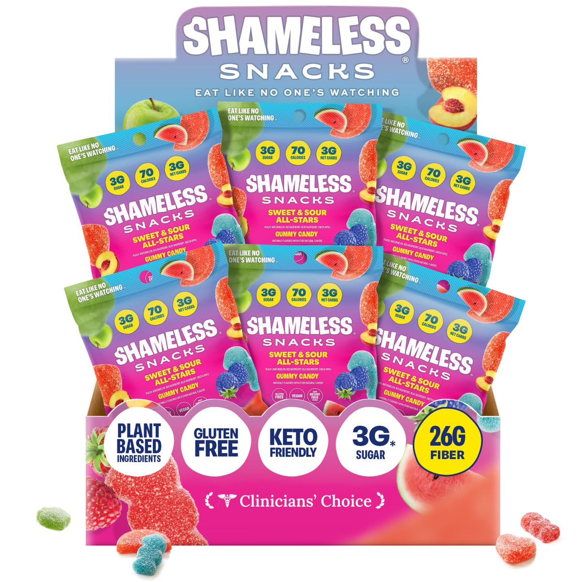 Shameless All-Stars gummies on pack front for quick snacking