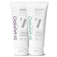 Shapiro MD Hair Growth Experts shampoo bottle highlighting DHT-fighting action for fuller look