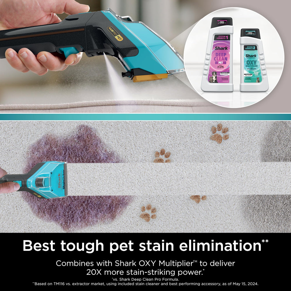 Shark Deep Clean Pet Formula label detail shows model compatibility with Shark cleaners.